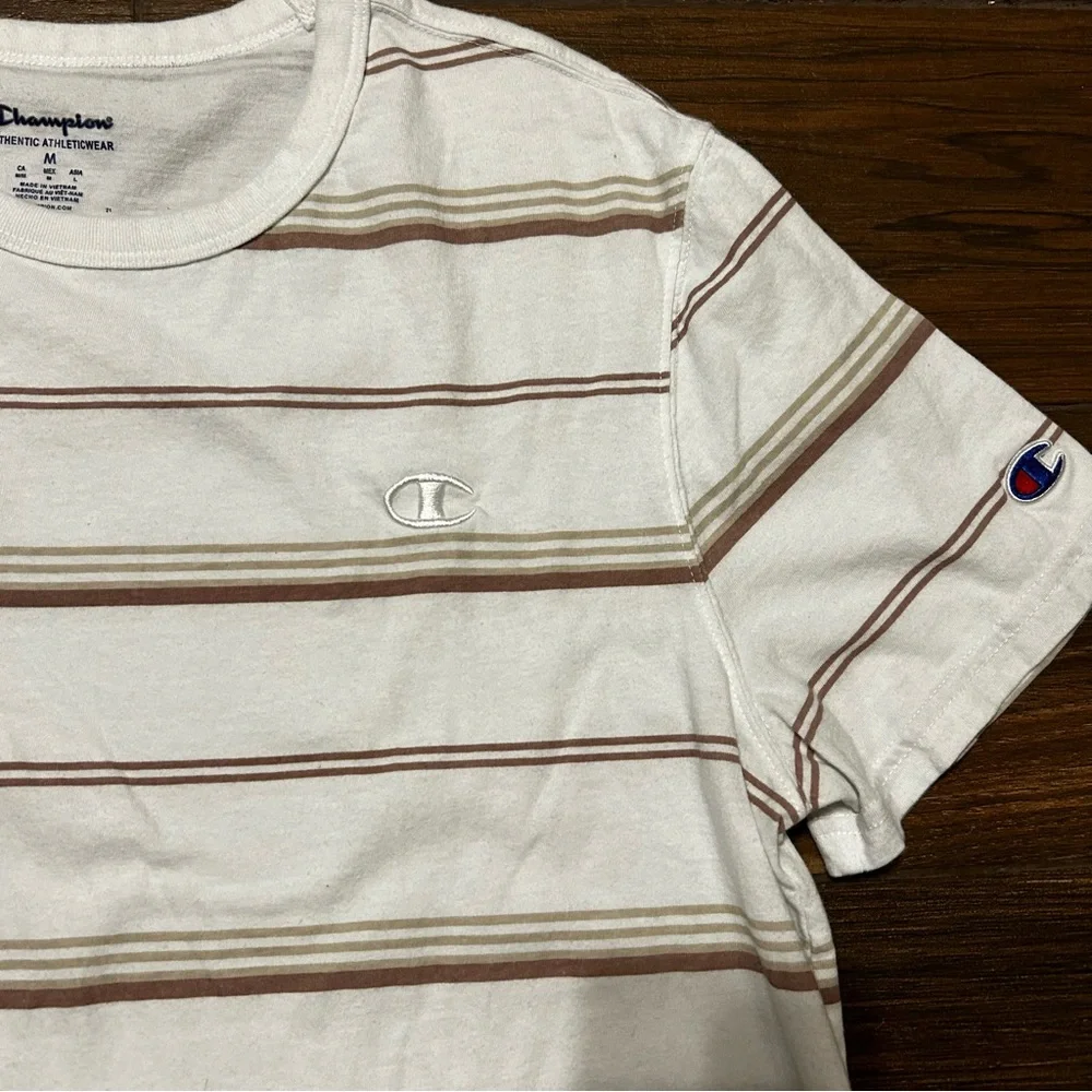 Champion Men’s Short‎ Sleeve Shirt Medium White with Brown Tan horizantal lines - Picture 5 of 10